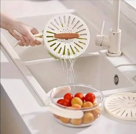 Fruit & Vegetable Drain Basket with Lid | Rotary Washing Strainer & Storage Container
