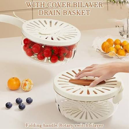 Fruit & Vegetable Drain Basket with Lid | Rotary Washing Strainer & Storage Container