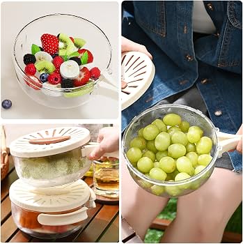 Fruit & Vegetable Drain Basket with Lid | Rotary Washing Strainer & Storage Container