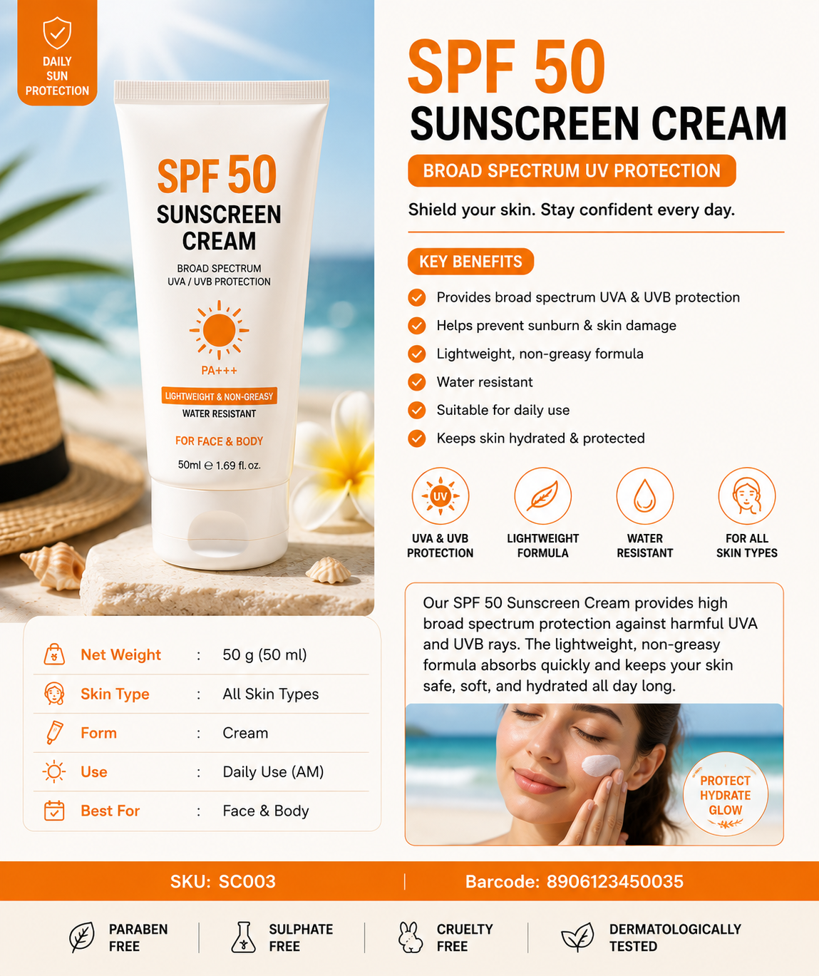 SPF 50 Sunscreen Cream for Face & Body